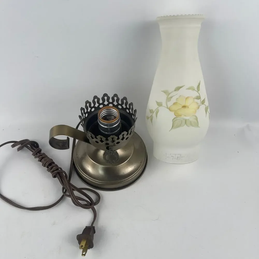Vintage Electric Hurricane Lamp with White Floral Globe 12”